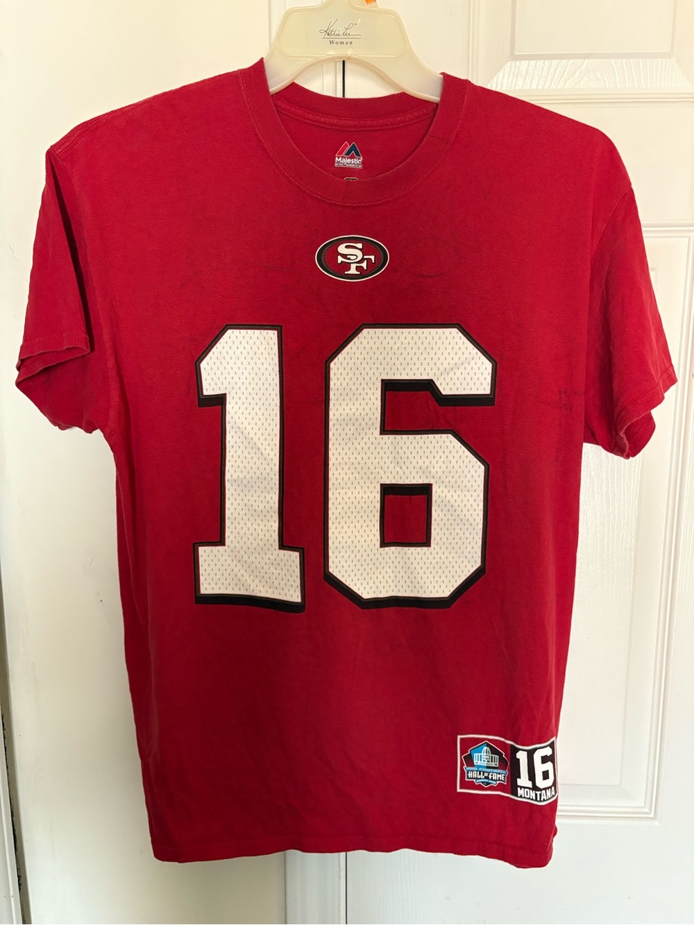 San Francisco 49ers great Joe Montana HOF Majestic Red T-shirt Jersey